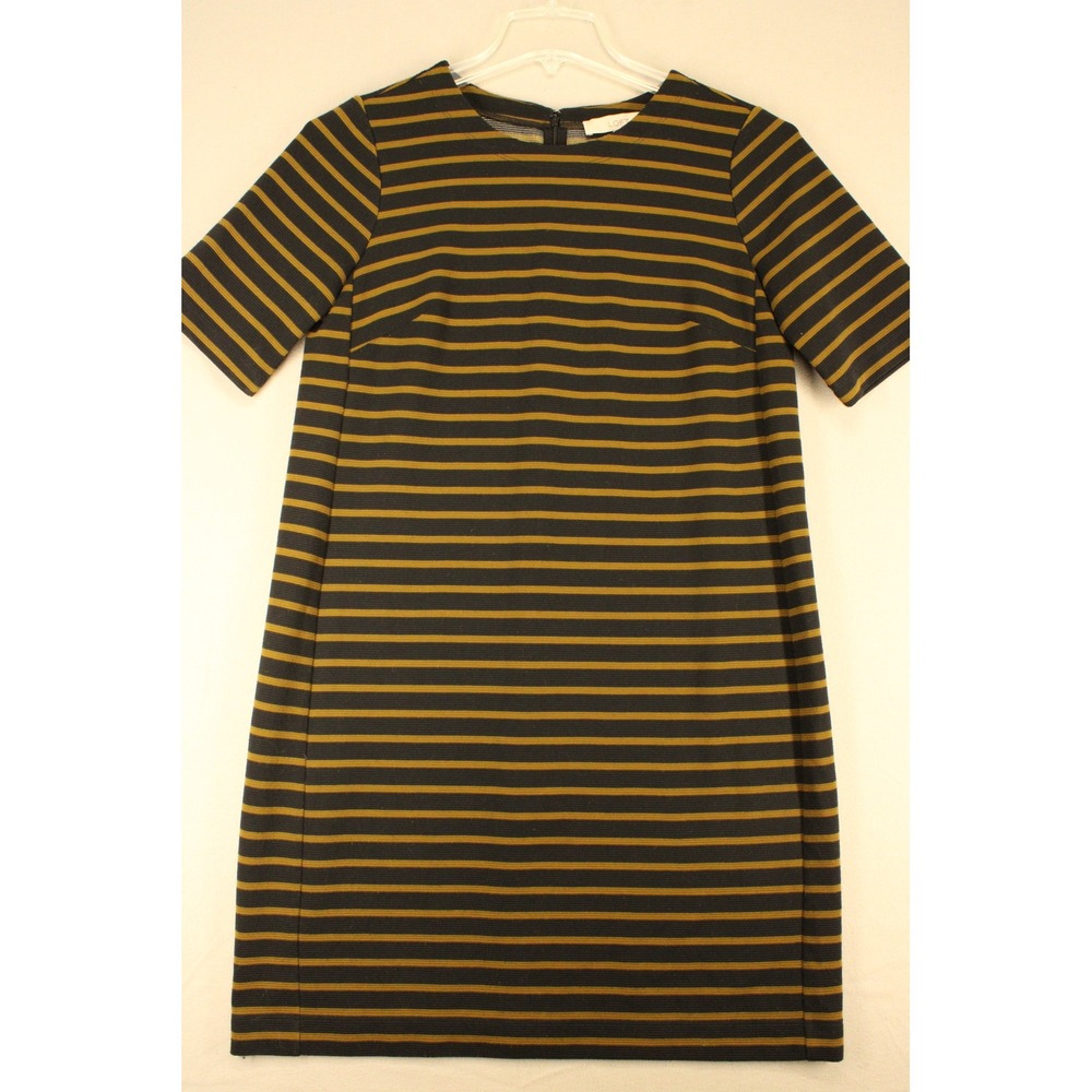 Loft Dress Shift Medium Black Gold Striped Ribbed Knit Short Sleeve Preppy